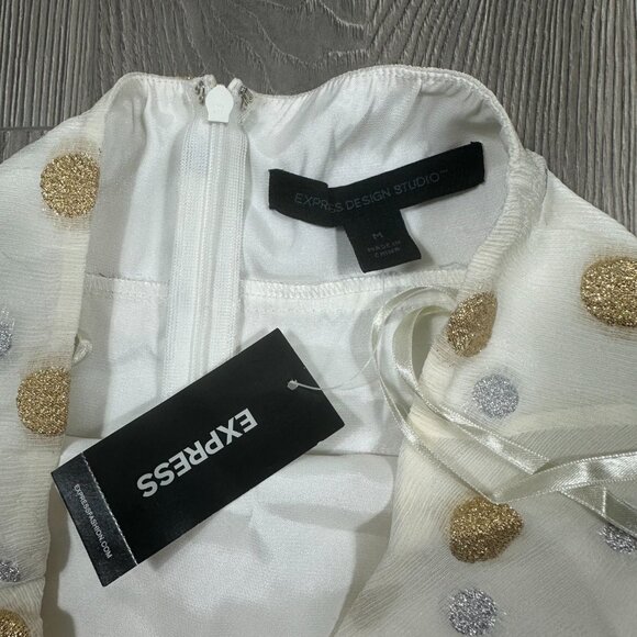 NWT Express Design Studio White Silk Halter Top with Gold & Silver Polka Dot Y2K - Picture 3 of 6